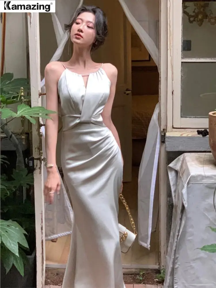 

French Elegant Slim Wedding Mermaid Long Dress Summer Female Sexy Sleeveless Chic Bodycon Satin Vestidos Evering Party Prom Robe