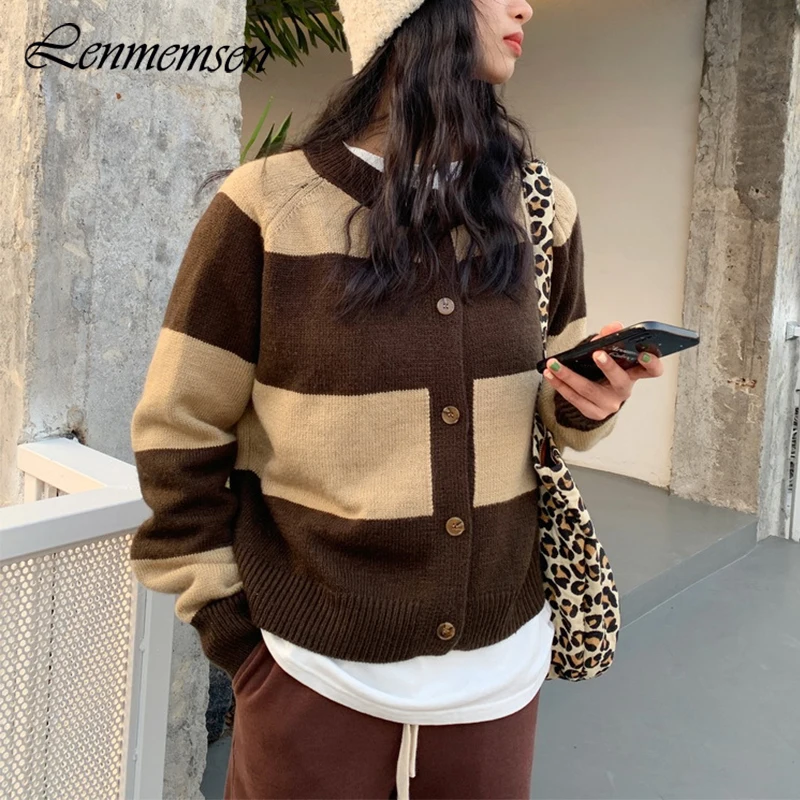 

Lenmemsen Vintage Striped Knitted Sweater Women Winter Casual O-neck Patchwork Cardigan Female Korean Single Breasted Outercoats