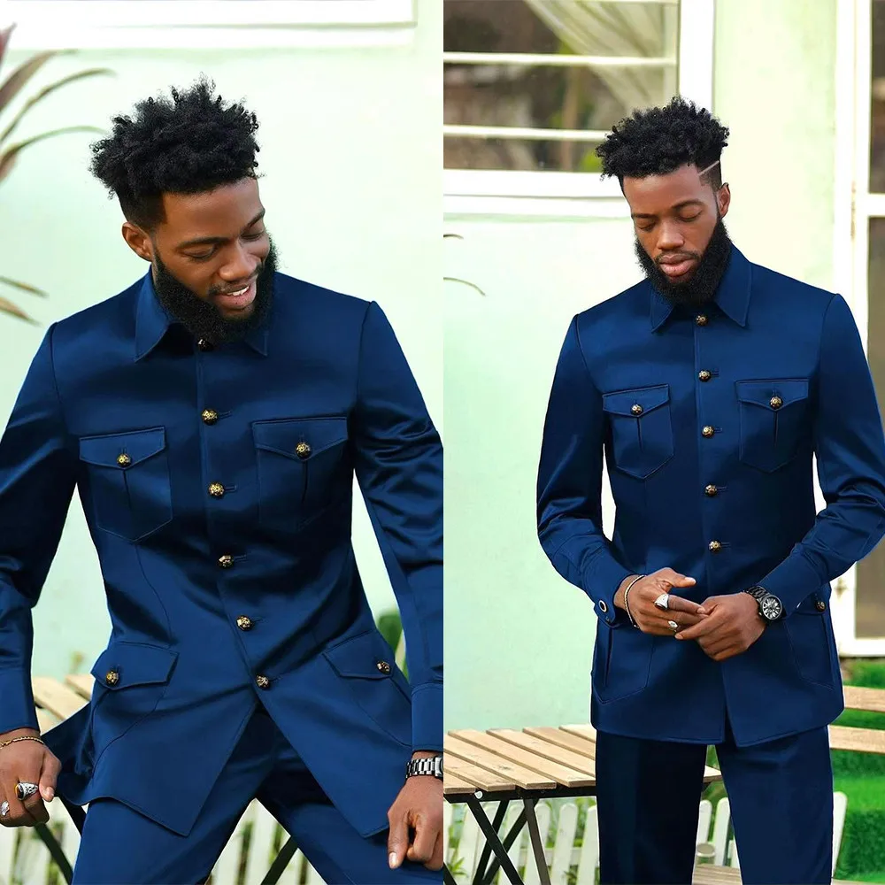 

2 Pieces High Collar Men Suits Custom Made Navy Blue Fashion Wedding Business Ceremony Formal Causal Prom Tuexdos Male Clothing