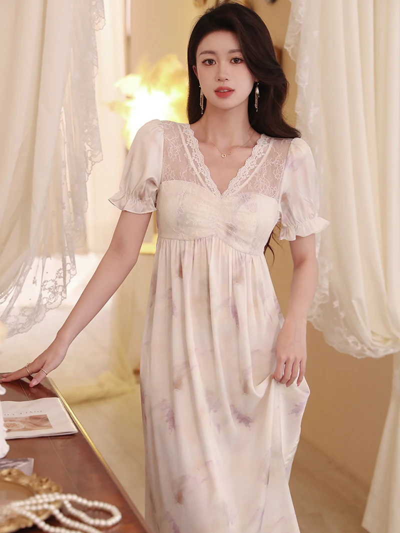 Women Summer V-Neck Lace Silk Print Nightdress French Ruffles Short Sleeve Sexy Vintage Princess Nightgowns Victorian Sleepwear