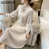 qoerlin bohemian floral pleated dresses women bow long sleeve mid length chiffon dress 2022 new elastic waist vestidos