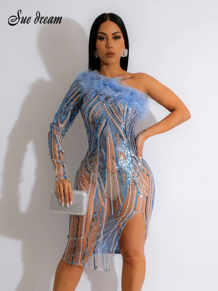 

Сексуальное женское вечерние с перьями и блестками, 2023 летнее Прозрачное мини-платье на одно плечо с длинным рукавом, женское элегантное Клубное вечернее платье