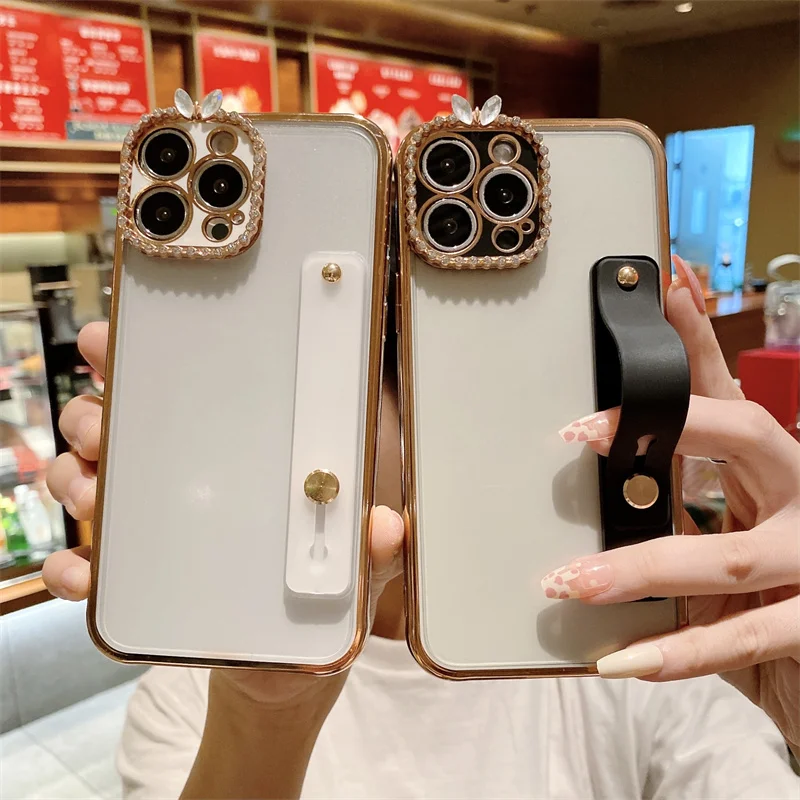 

Diamond Lens Full Protective Wristband Phone Holder Matte Case for iPhone 13 Pro 12 11 XS Max X XR 7 Plus 8 SE 2020 Back Cover