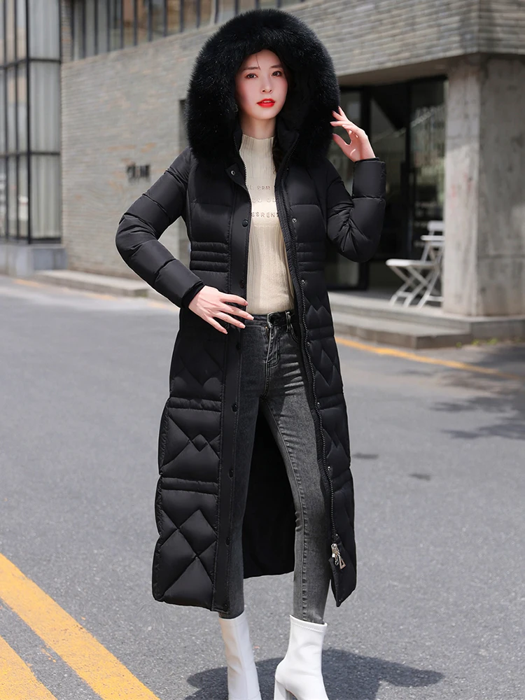 New Women Winter Down Coat Fashion Real Fox Fur Collar Thicken Warm Slim Lengthened Down Jacket White Duck Down Overcoat Female