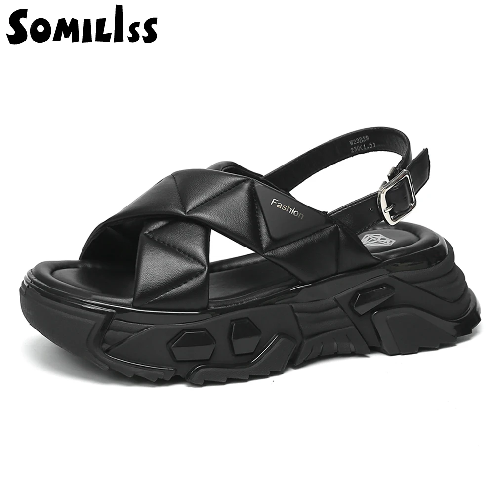 SOMILISS Women Summer Platform Sandals Buckle Strap Environmental Microfiber Leather Ladies Fashion Flat Casual Shoes for Women