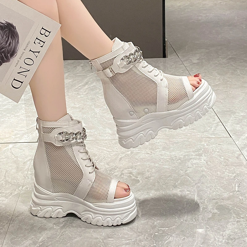 Platform Sandals Women 2023 Summer Breathable Mesh Sneakers Wedges 10CM High Heels Hollow out Chunky Chain Shoes Sandalias Mujer