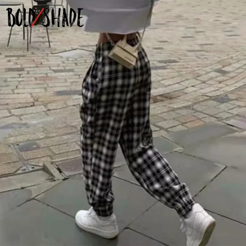 

Bold Shade Plaid Skater Style Boyfriend Pants High Waist 90s Streetwear Fashion Women Straight Trousers Indie Vintage Baggy Pant