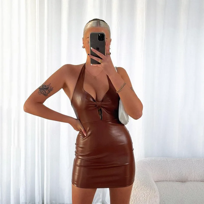 Sexy Halter Leather Short Skirt New Fashion Style High Waist Backless Party Wrap Skirt