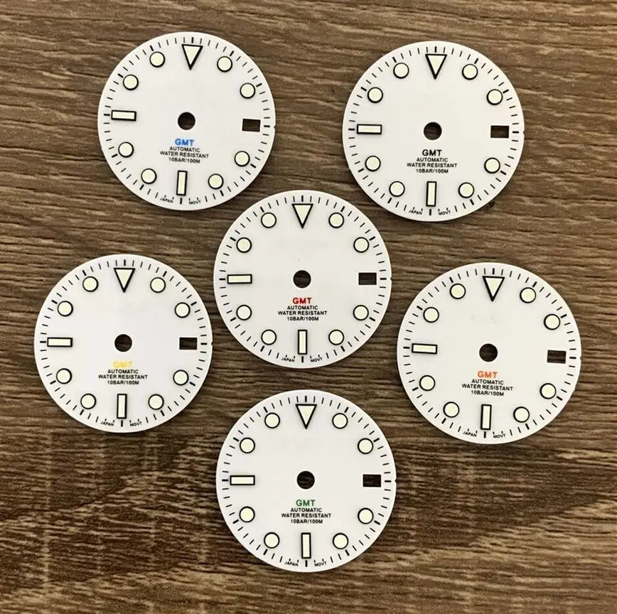 Watch Accessories 29MM Dial Enamel White Letter Dial Green Luminous GMT 4 Hands Dial for NH34 Movement