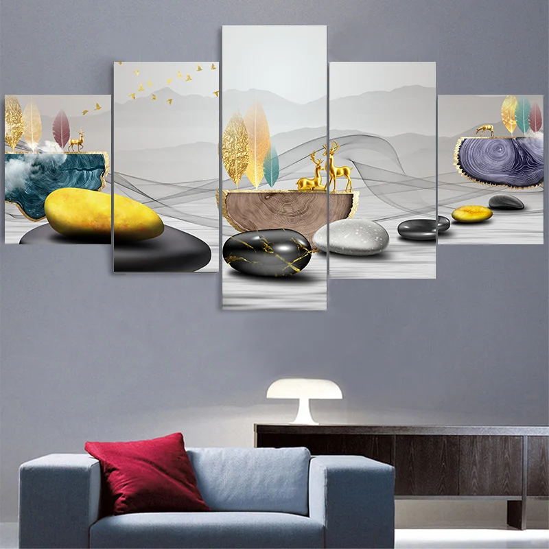 5 шт. абстрактный пейзаж холст живопись золотое дерево камень плакаты с оленем и