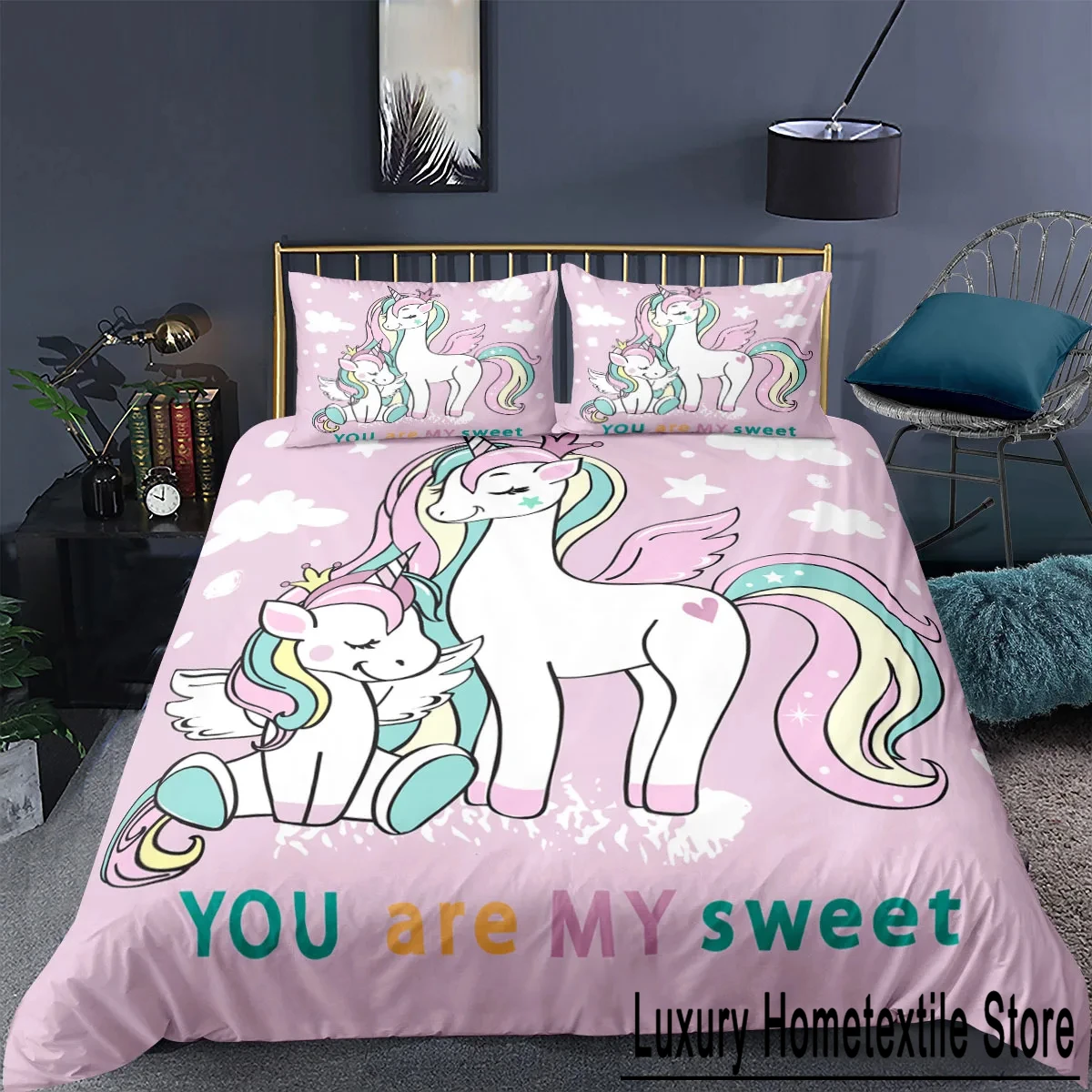 Комплект постельного белья с единорогом король королева белый розовый