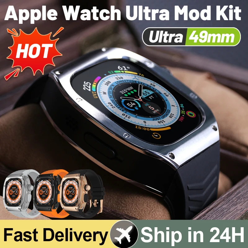 

Роскошный Регулируемый комплект из нержавеющей стали для Apple Watch 8 Ultra, резиновый ремешок для IWatch Series 8 49 мм, спортивный браслет, мод для ремонта