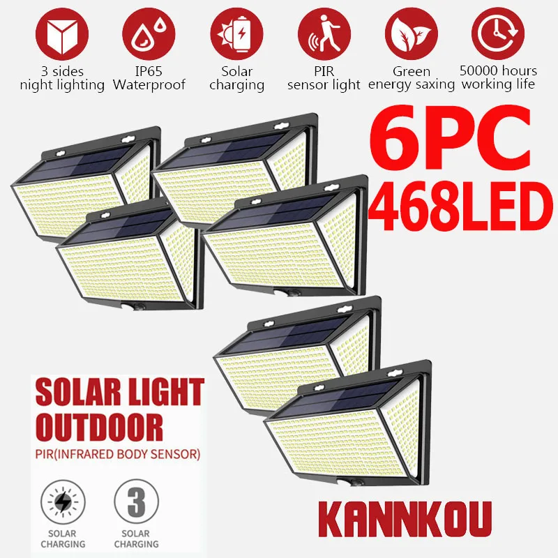 

KANNKOU Solar Lights Outdoor 6PC 468LED PIR Motion Sensor IP65 Waterproof Outdoor LED Wall Light