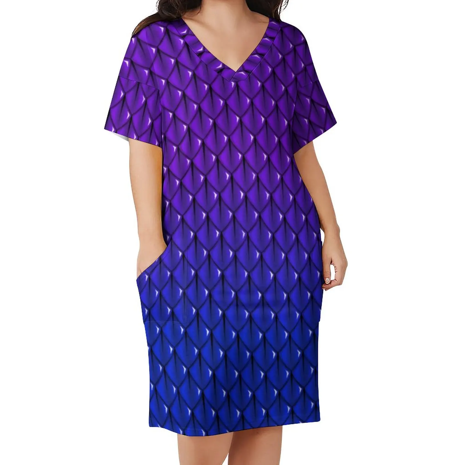 Dusky Purple Dragon Casual Dress Spring Animal Scale Print Cute Dresses Women Short Sleeve Street Wear Dress Plus Size 4XL 5XL