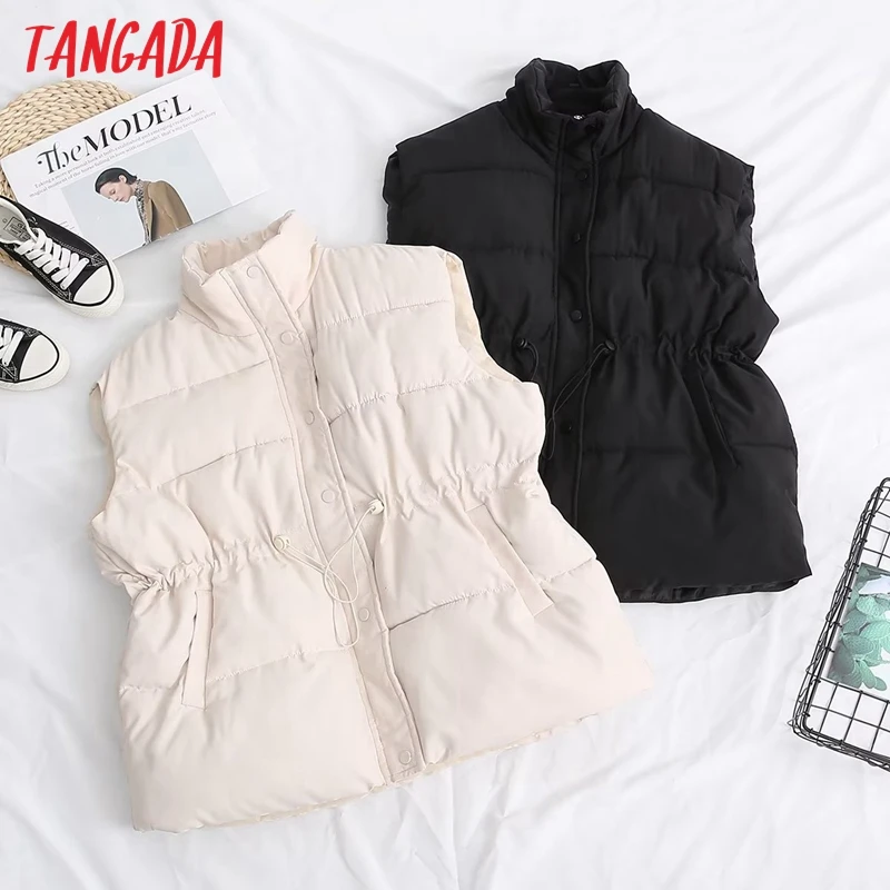 

Tangada Women Black Sleeveless Waistcoat Parkas Thick 2022 Winter Zipper Pockets Female Warm Coat 2Y14