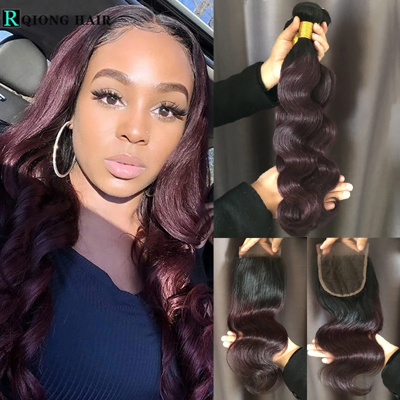 

Ombre Human Hair Bundles with Lace Closure Brazilian Body Wave With 4×4 Closure 99J Free Part Pre Plucked Closure With Bundles