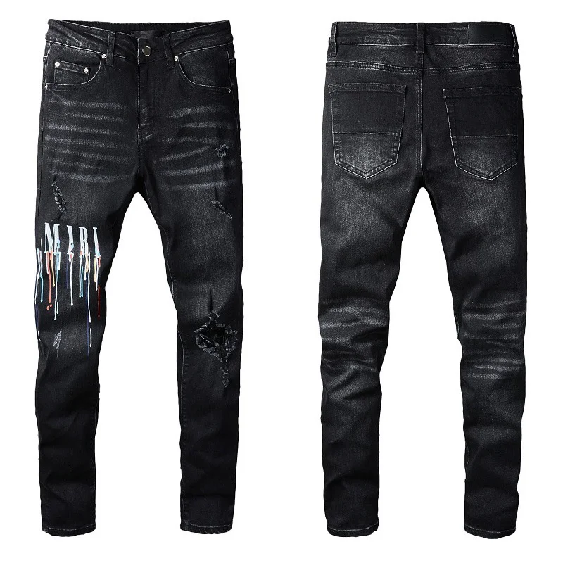 

New 2022 Amir men's High street fashionable Street spray paint colorful letters denim cotton youth black skinny jeans vintage