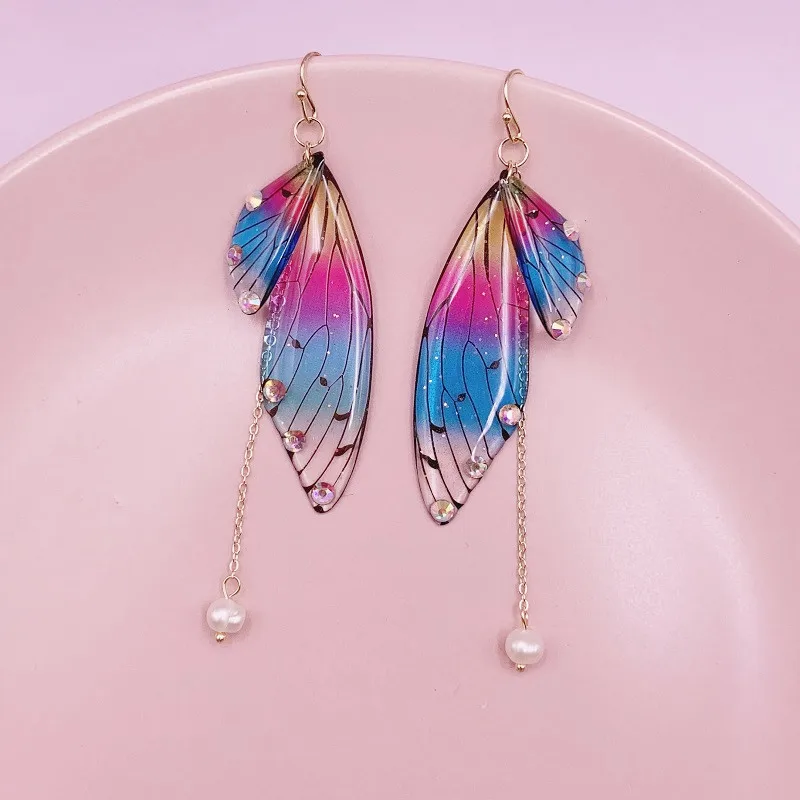 

Minar Fantasy Rainbow Resin Simulation Butterfly Earring for Women Neon Color Crystal Sequined Cicada Wings Long Drop Earrings