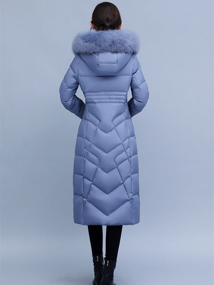 New Women Down Jacket Winter Casual Fashion Thicken Warm Real Fox Fur Collar Hooded Long White Duck Down Coat Slim Overcoat