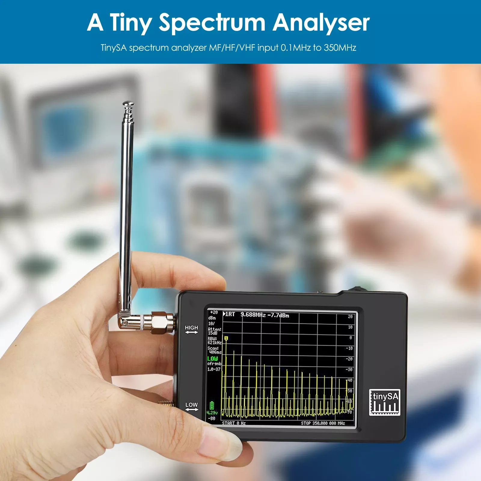 

Portable TinySA Spectrum Analyzer Handheld Tiny Frequency Analyzer 100kHz to 960MHz MF/HF/VHF UHF Input Signal Generator