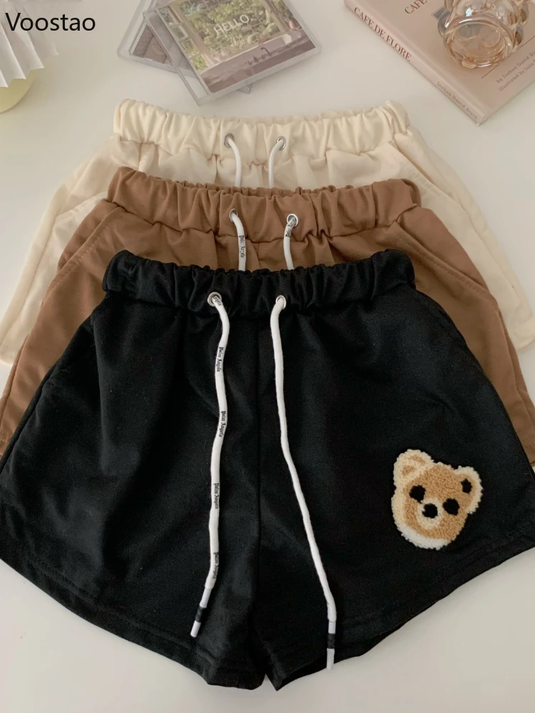 Summer Sweet Lolita High Waist Shorts Women Harajuku Cute Bear Embroidery Sports Shorts Girls Korean Kawaii Chic Short Pants