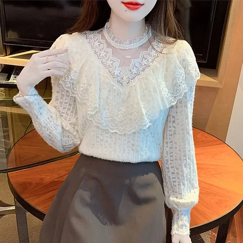 Новая женская блузка с длинным рукавом и оборками бархатная утолщенная рюшами