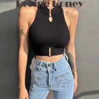 boring honey crop top women knitting camis metal frame solid colour tank tops hollow out slim fit womens clothes for summer