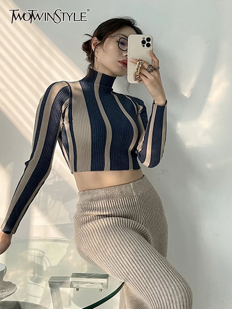

TWOTWINSTYLE Casual Striped Colorblock T Shirt For Women Turtleneck Long Sleeve Slimming Temperament T Shirts Female 2022 Style
