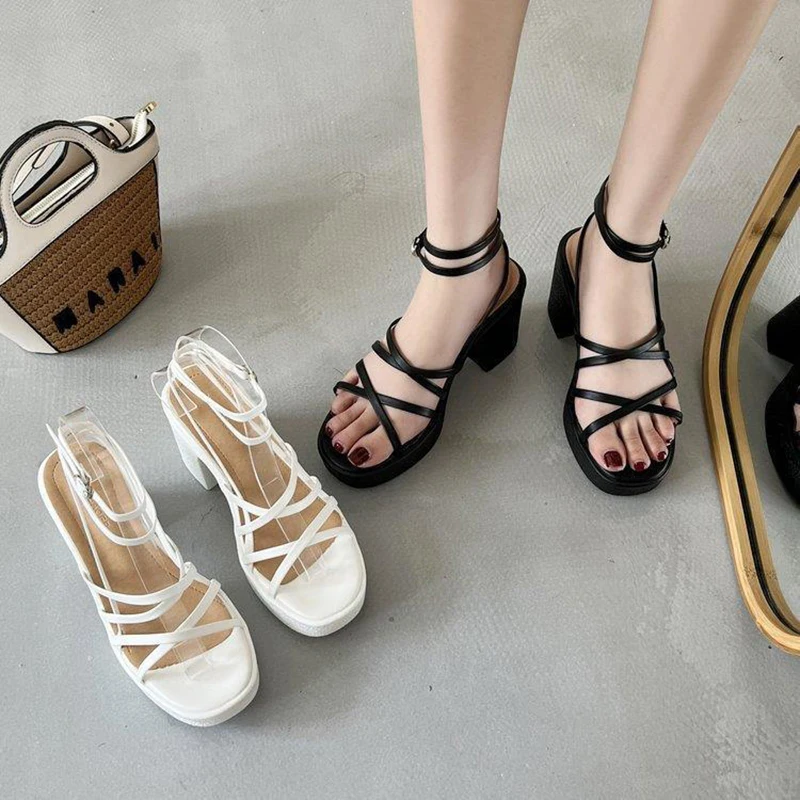FAFA 2023 Summer New Thick With Sandals Female Thin Strap Waterproof Platform Open Toe High Heels Cross Strap Roman Shoes