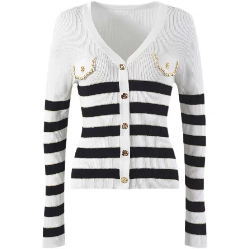 

23 Autumn New Small Fragrance V-neck Black and White Striped Knitted Top Short Slimming Ice Silk Cardigan Small Shirt shein