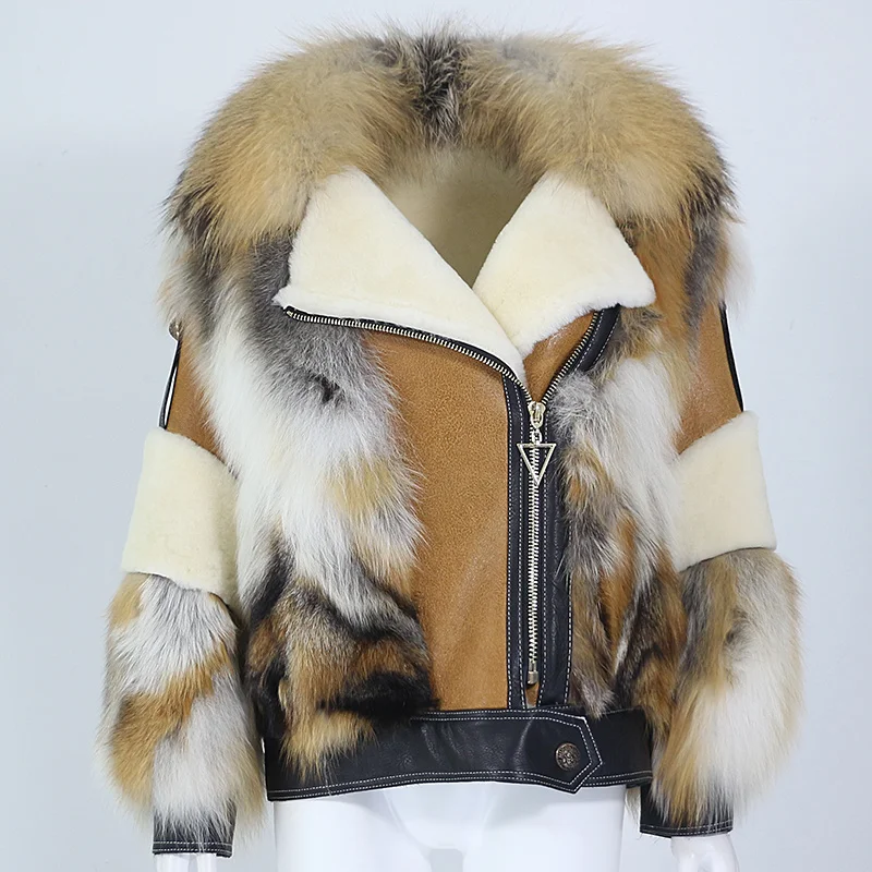 

genuine Luxury brand 2023 Coat Winter Jacket Women Natural Fox Fur Collar Real Sheepskin Leather Thick Warm Outerwear Streetwear