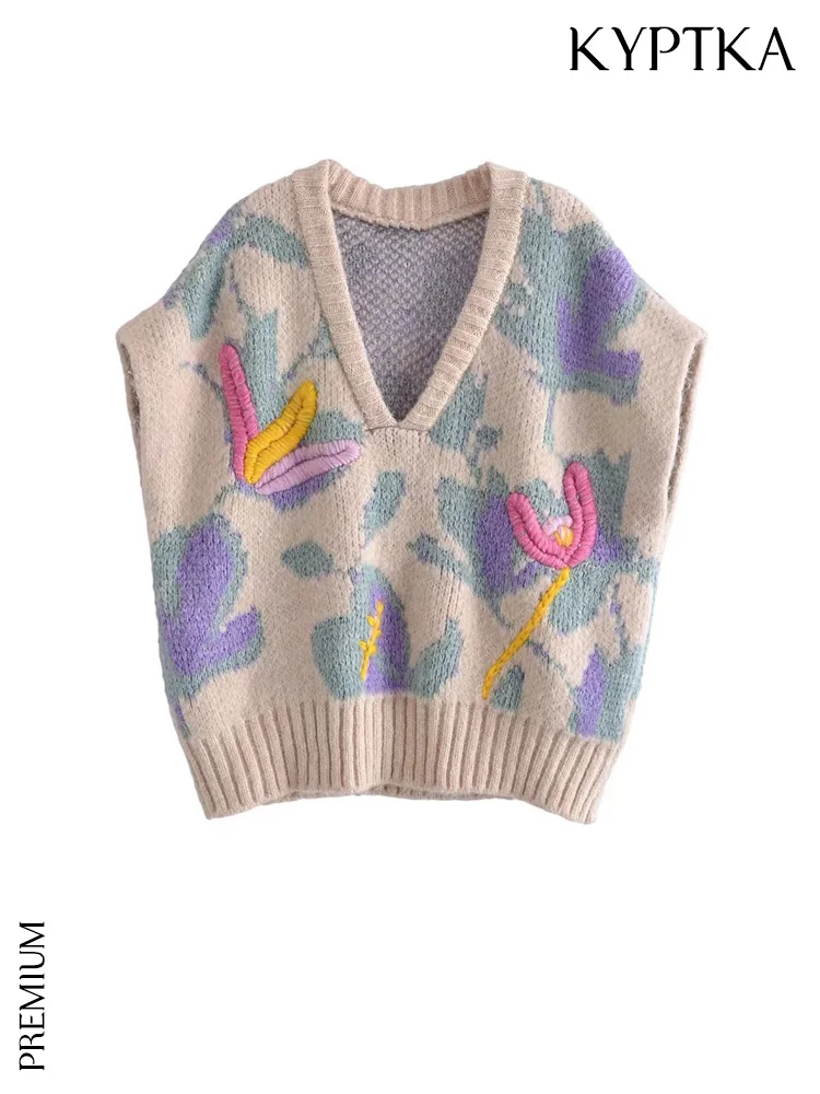 

Женский винтажный жаккардовый жилет KYPTKA, Трикотажный жилет с контрастной вышивкой, Свободный жилет без рукавов, 2019
