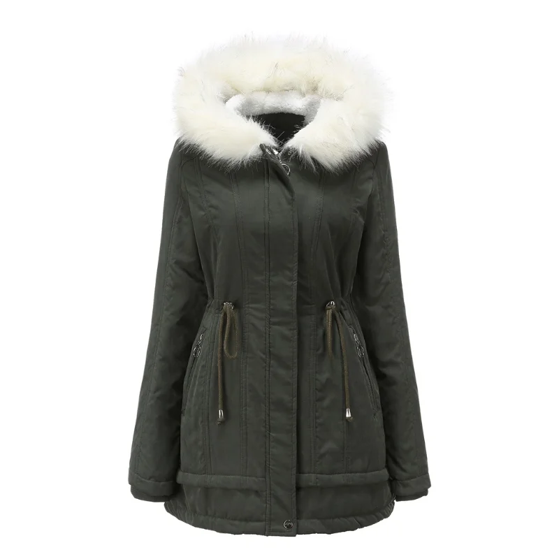 Cotton Coat Women Mid-length Hooded Winter Warm Fleece Coat Women's Cotton Coat Cold-proof Coat White Fur Collar