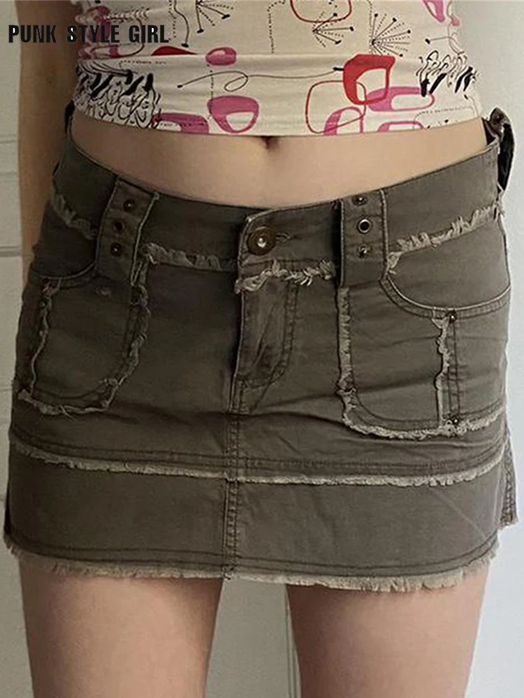 

Academia Style Jeans Skirt Women Green Vinatge Cargo Skirts Goblincore Hippie H Skirt 90s Mom Fashion Brown Mini Skater Tessel
