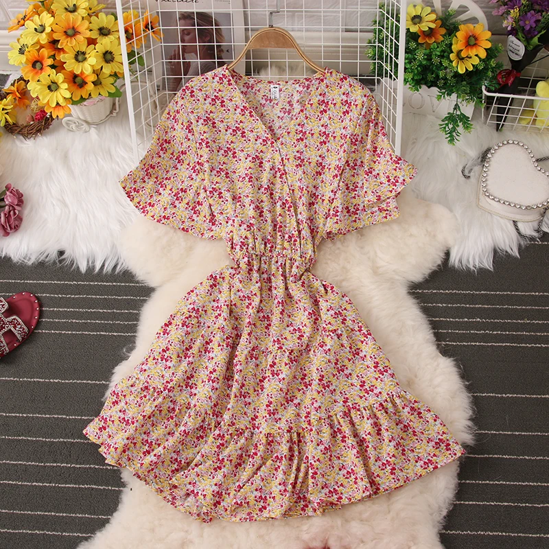 

Мини-платье с цветочным принтом и оборками, летнее пляжное платье в стиле бохо с V-образным вырезом, женские вечерние платья для женщин, одеж...