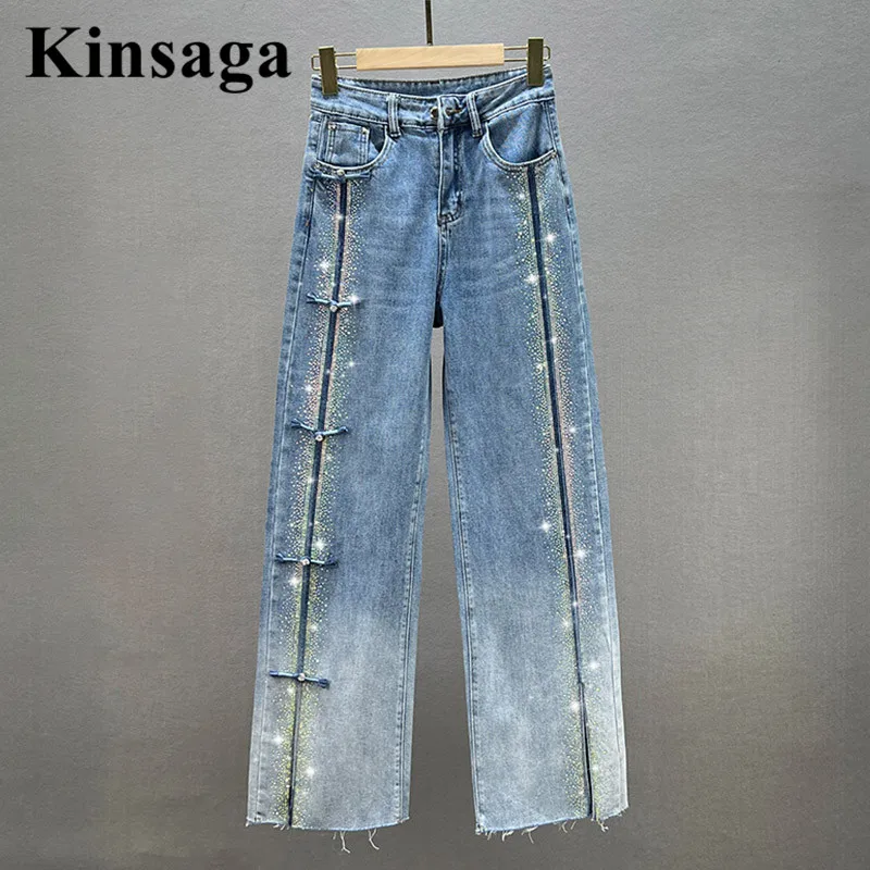Classics Gradual Change Loose Straight Jeans Women Chinese Tradition Asymmetric Drill Frog Demin Pant Tasseal Baggy Trousers