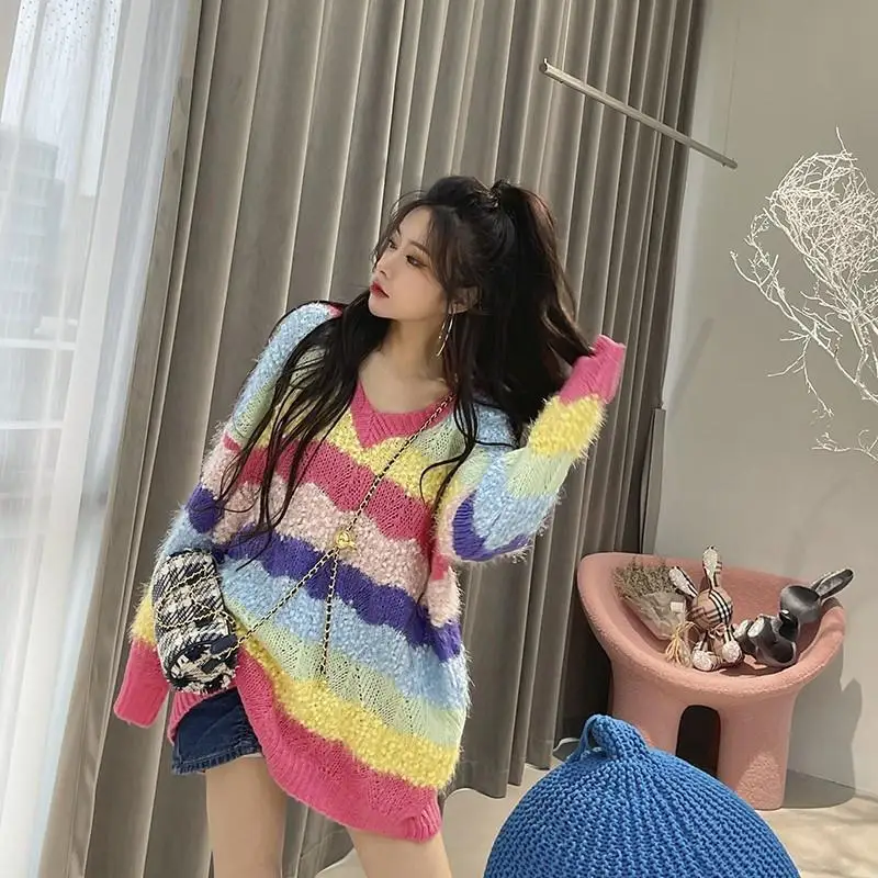 

Осень-зима 2022, мягкая теплая свободная Модная вязаная одежда Swweater в полоску с V-образным вырезом и длинным рукавом, топ для отдыха, джемпер H73