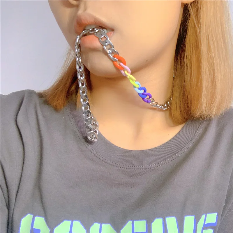 

Rainbow Splicing Necklace Chain Titanium Steel Fashion Ins Acrylic Hiphop Rock Cool Choker Pendant Women Men Trend Jewelry