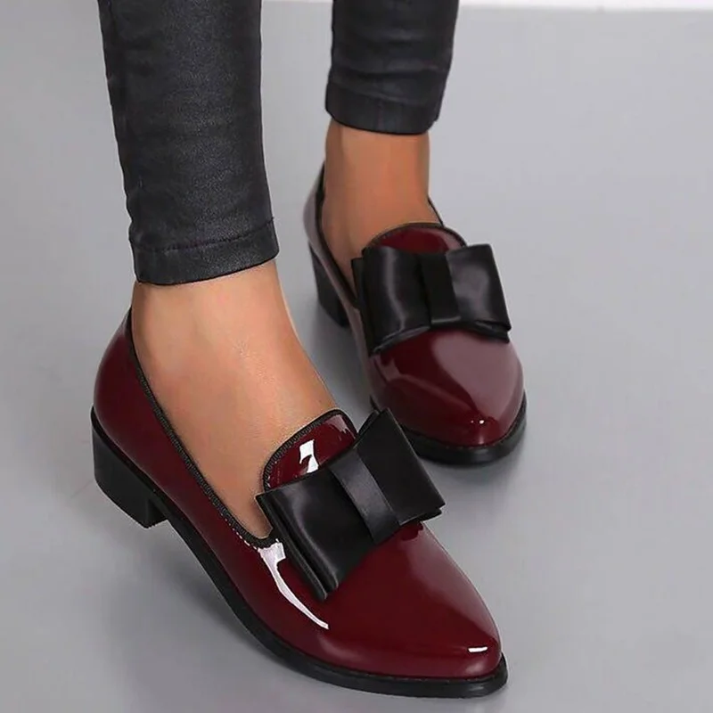 BKQU Spring Autumn Women Shoes Bowtie Loafers Patent Leather Women's Low Heels Slip On Footwear Female Pointed Toe Thick Heel
