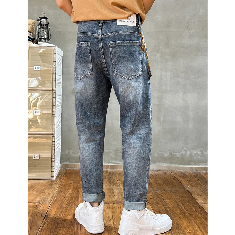 Men Clothing Autumn and Winter New Straight Loose Cylinder Jeans Vintage Comfortable Blue Versatile Ripped Harun Trousers Female
