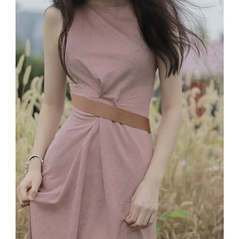 

French temperament fairy high sense fairy waist pink dress summer salt style dress pink elegant dress female