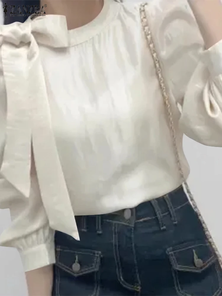 Летняя Блузка ZANZEA 2024 с пышными длинными рукавами элегантная женская однотонная