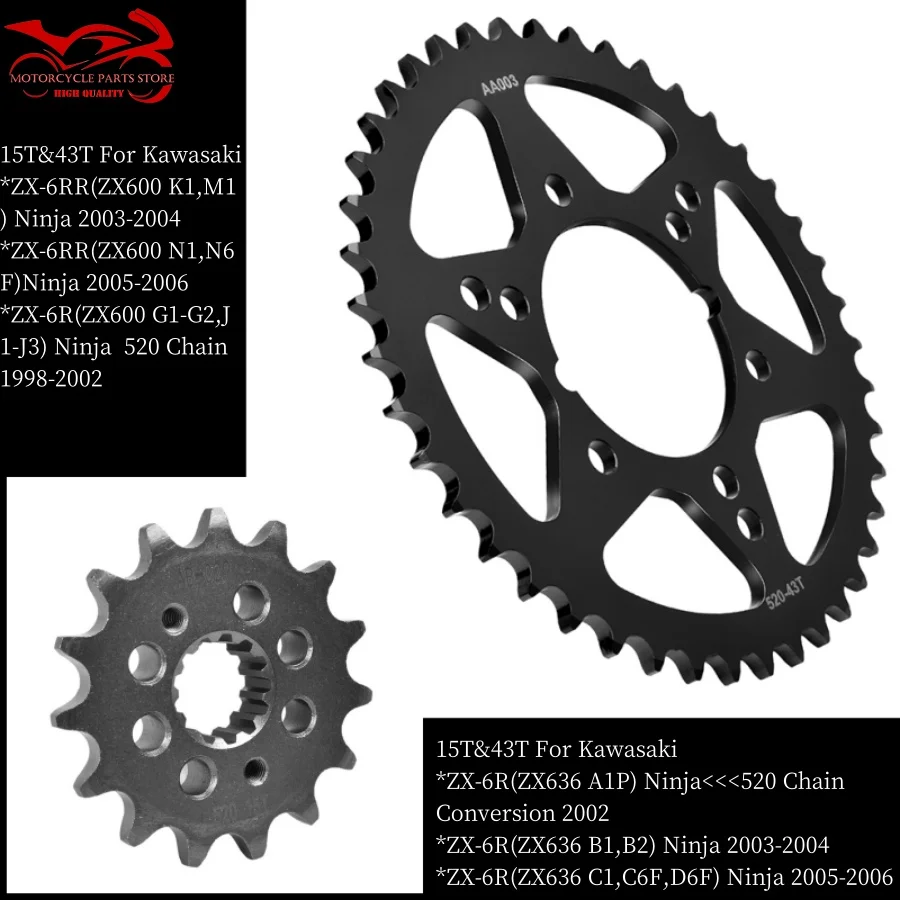 520 Chain 15T 43T для Kawasaki ZX-6RR 600 ZX600 Ninja 2003 2004 ZX-6R ZX636 1998-2002 2005 цепь звездочек мотоцикла