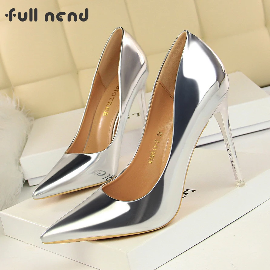 

Nightclub Metal Gold Silver Thin Heels Pumps Ladies Fashion Shoes Pointed Toe Sexy Patent Leather Shoes Women Chaussures Femme