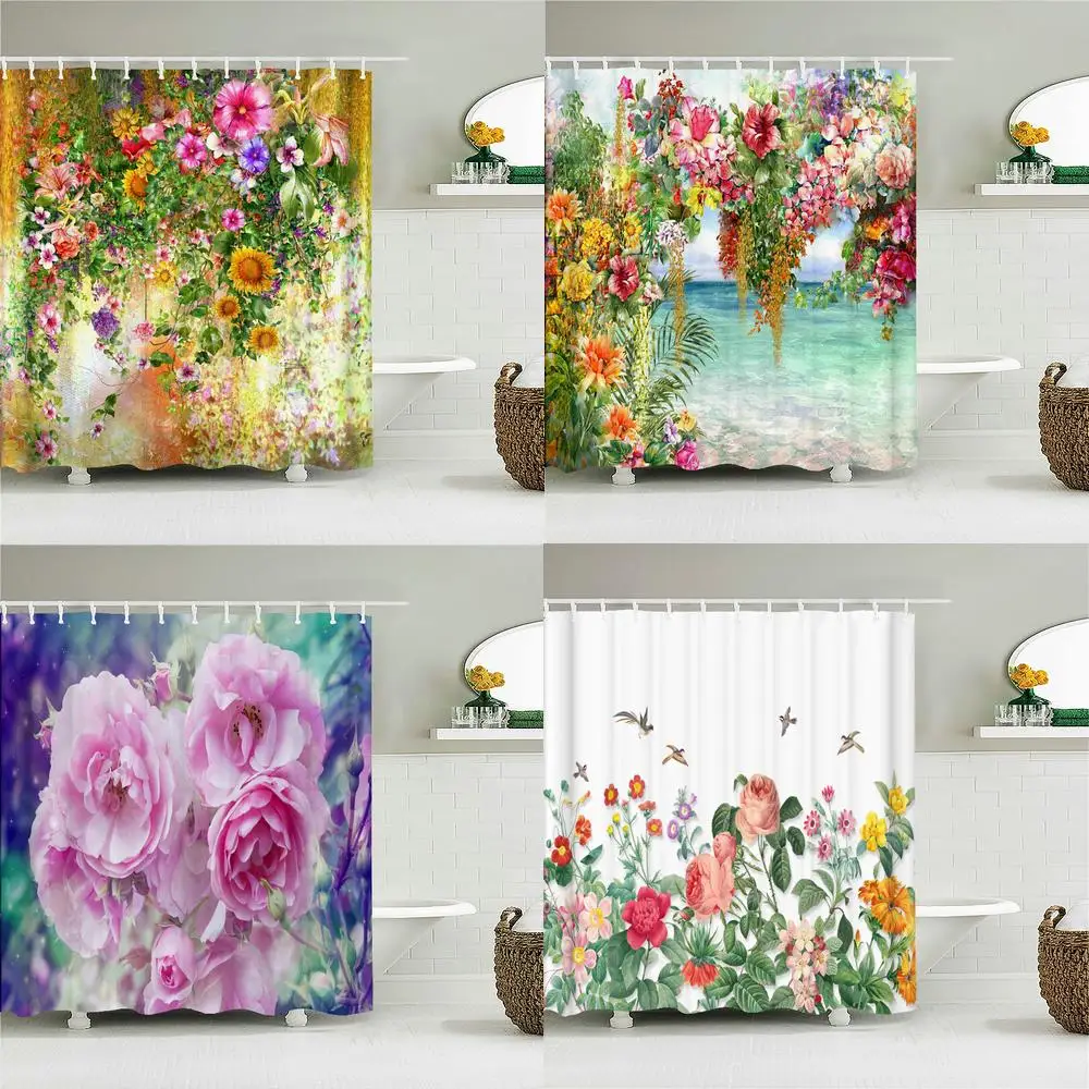

Cortinas de ducha con estampado 3D de flores de colores, visillo de baño para decoración del hogar,tela de poliéster impermeable