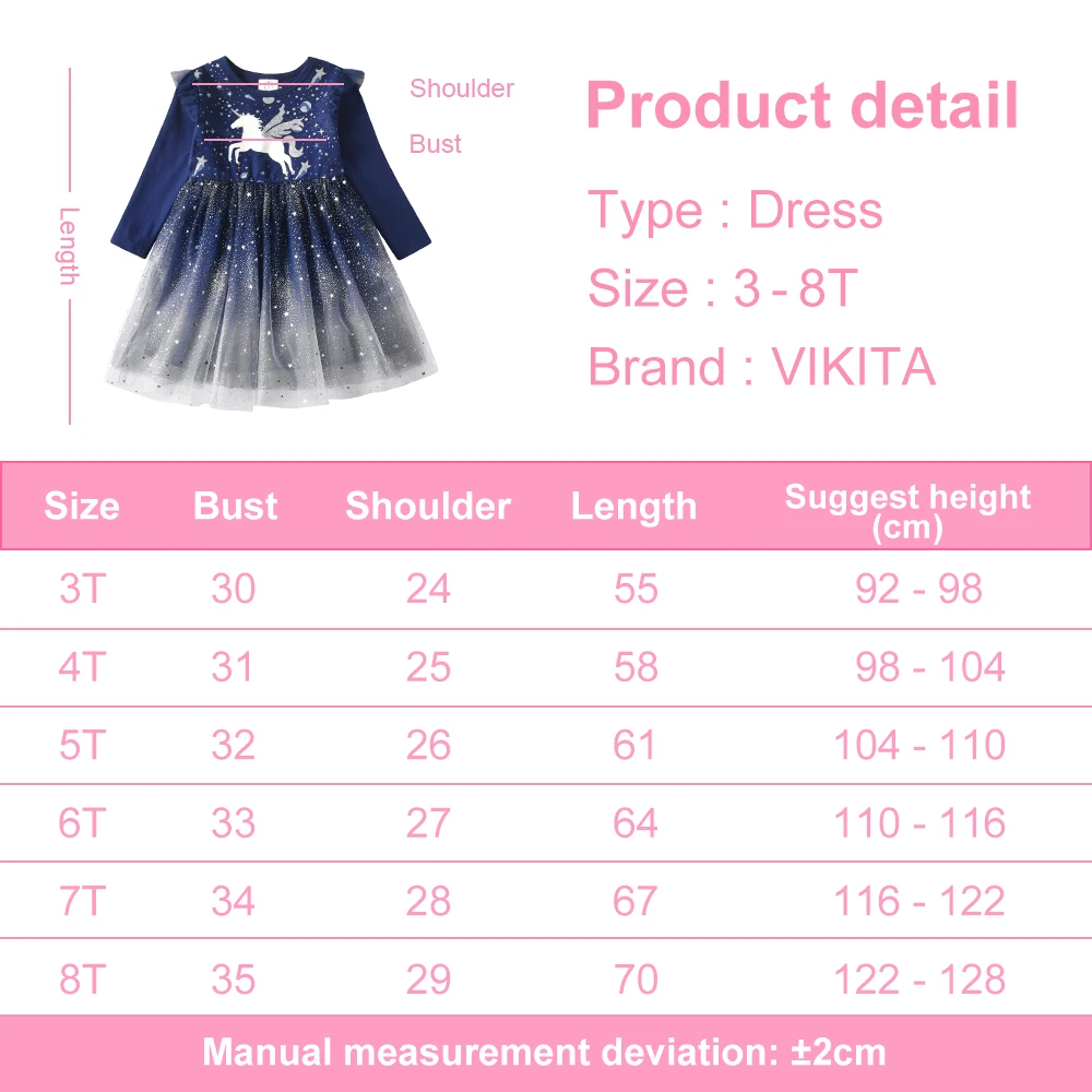 VIKITA Children Unicorn Dresses Girls Birthday Party Performance Prom Gown Elegant Dress Toddlers Long Sleeve Princess Dresses