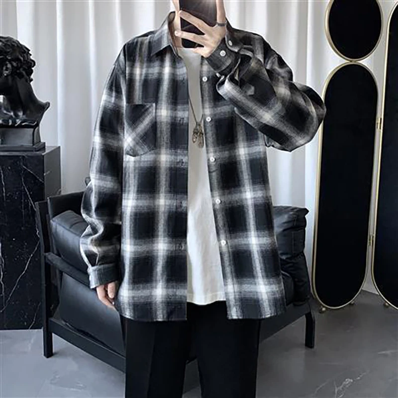 Осенняя винтажная мужская блузка с длинным рукавом в клетку принтом корейская