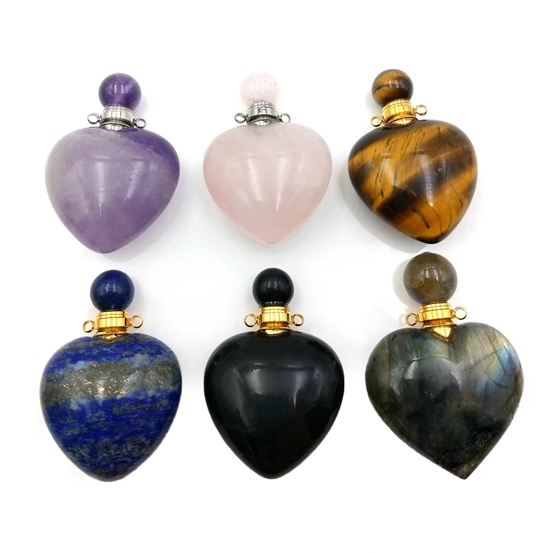 

Natural Rose Quartzs Labradorite Amethysts Obsidian Tiger Eye Stone Perfume Bottle Essential Oil Bottles for Women Necklace