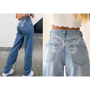 Women's Big Butterfly Print Drape Straight Jeans Women's Casual Pants