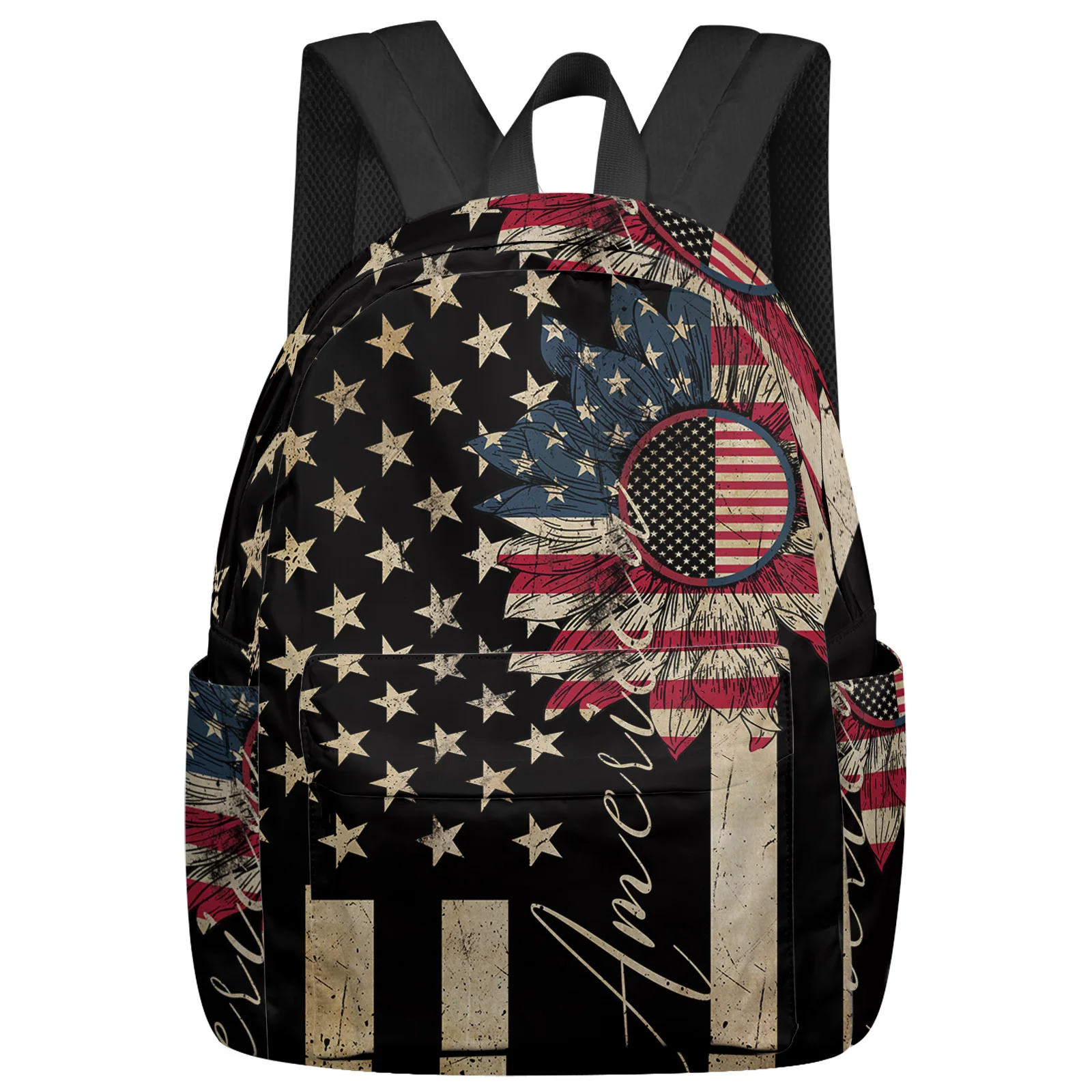

Рюкзак с американским флагом подсолнухом для мужчин и женщин, водонепроницаемый дорожный школьный ранец в стиле ретро для мальчиков и девочек, сумки для ноутбука